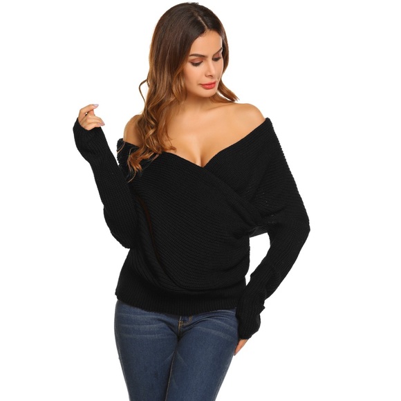 Cross Front Slouchy Off Shoulder Knit Sweater - Picture 4 of 5